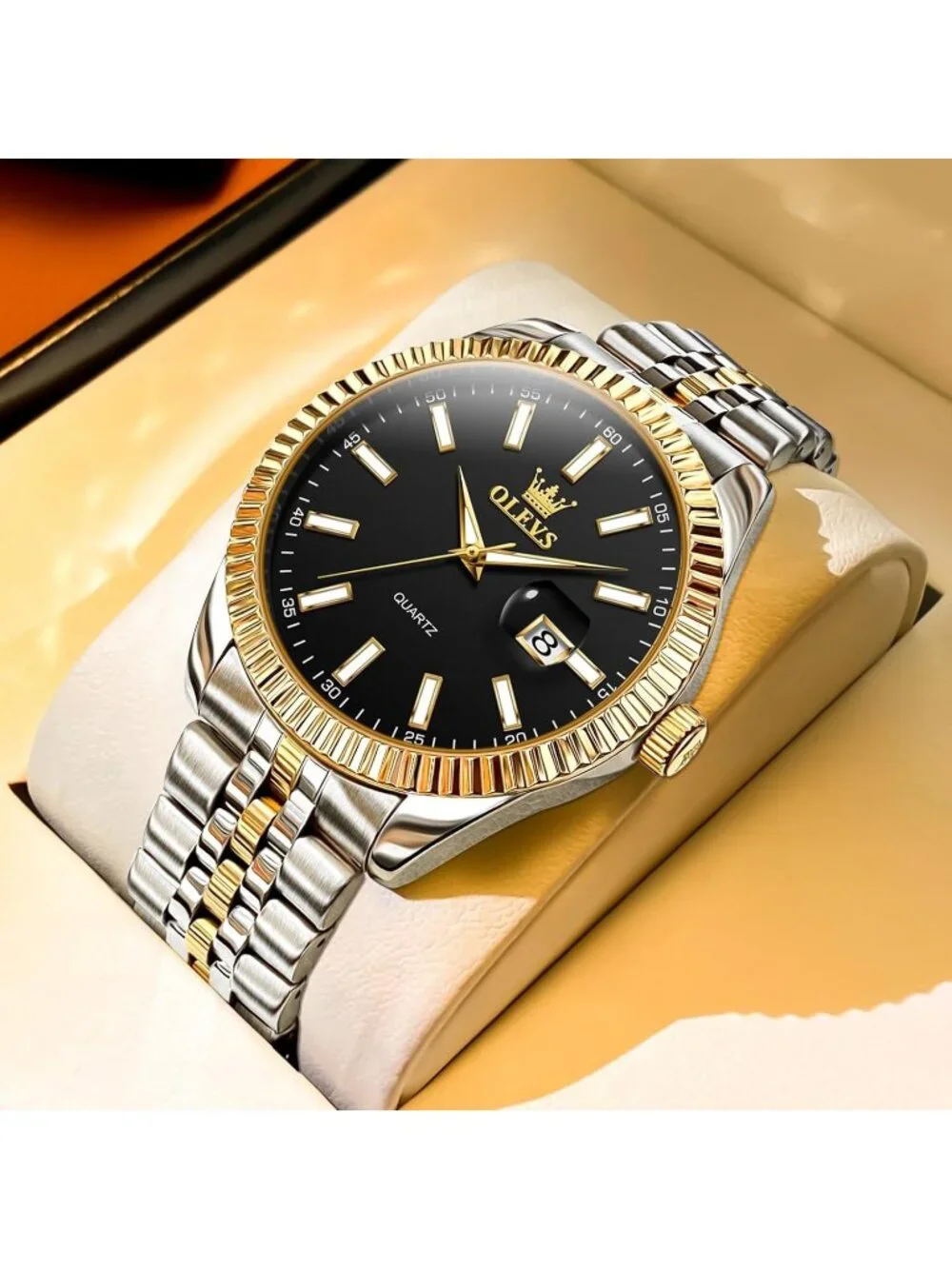 Olevs Men's Silver Gold Luxury Stainless Black Face Analog Quartz Luminous Watch